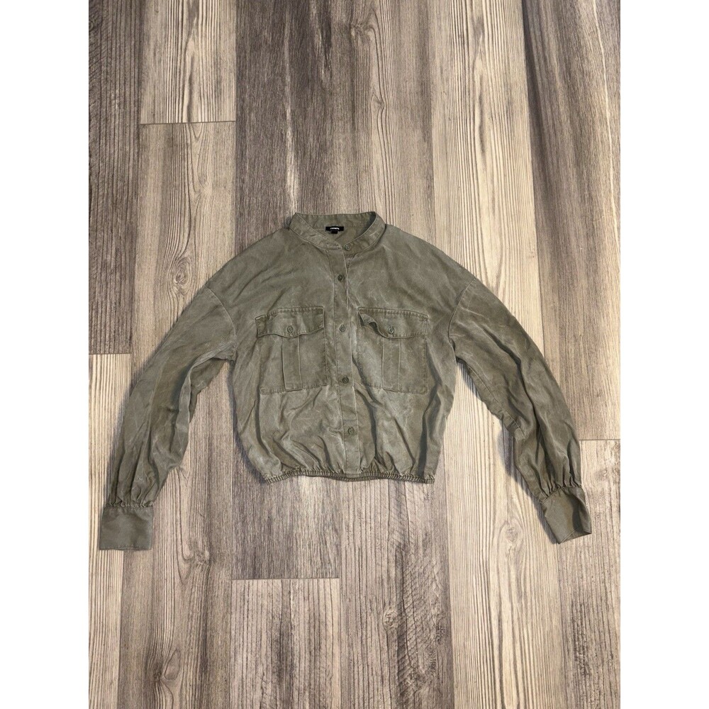 Express Army Green Cropped Button Up Jacket Lightweight Sz XS